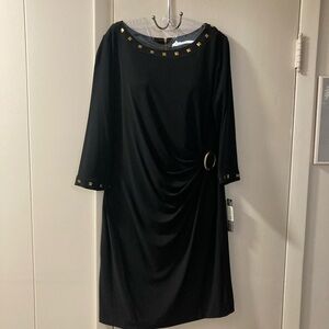 T Tahari Black Ruched Sheath Dress Bateau Neck 3/4 Sleeve